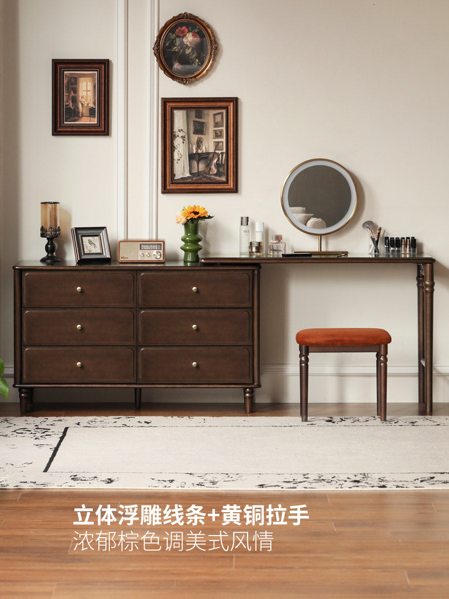 【预售20天】实木梳妆台斗柜一体美式复古化妆桌卧室简约伸缩化妆台